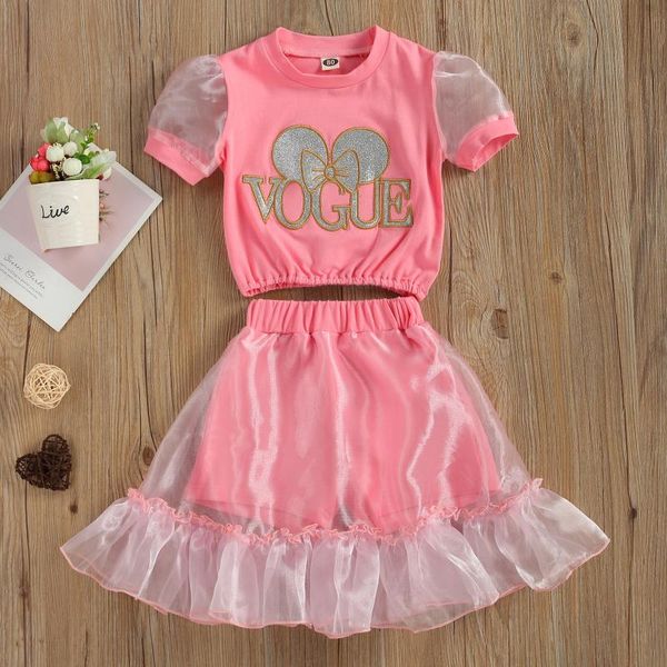 

summer toddler kids baby girls 1t-6t clothes princess sets vogue mesh short sleeve ruffle skirt outfits clothing, White