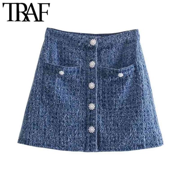 

women chic fashion faux pearl buttons mini skirt vintage high waist with lining female skirts mujer 210507, Black