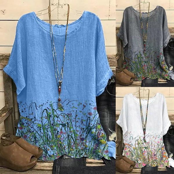 

women's t-shirt summer woman fashion print vintage cotton-blend o-neck short sleeve floral blouse casual loose plus size s-2xl, White