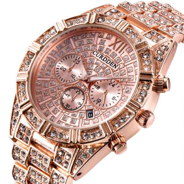 

wristwatches curdden watch luxury male clock iced out men full diamond quartz watches hip hop rose gold stainless steel band wristwatch, Slivery;brown