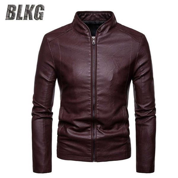 BLKG Frühling Herbst Lederjacke Männer Mantel Solide Stehkragen Slim Fit Kunstleder Veste Cuir Homme Motorradjacke M-4XL 211009