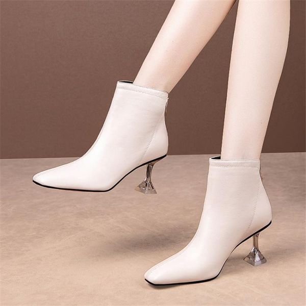 

boots pxelena charming crystal strange high heels ankle women genuine leather square toe spring autumn winter dress party shoes, Black