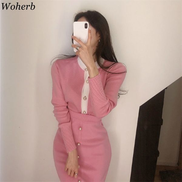 

vintage women two pieces set knitted stretchy cardigan high waist pencil split skirts suit lady chic fashion outfits 210519, White