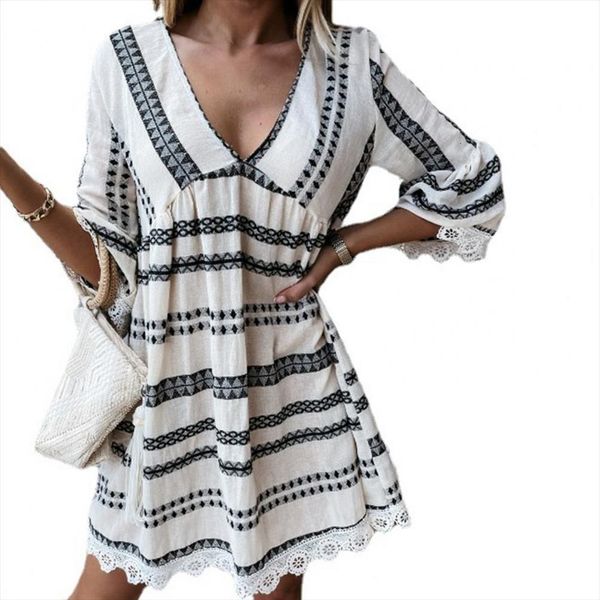 

plus size mini casual women dresses v neck loose 3 4 flared sleeve elegant female sundress lace stitching geometric print, Black;gray