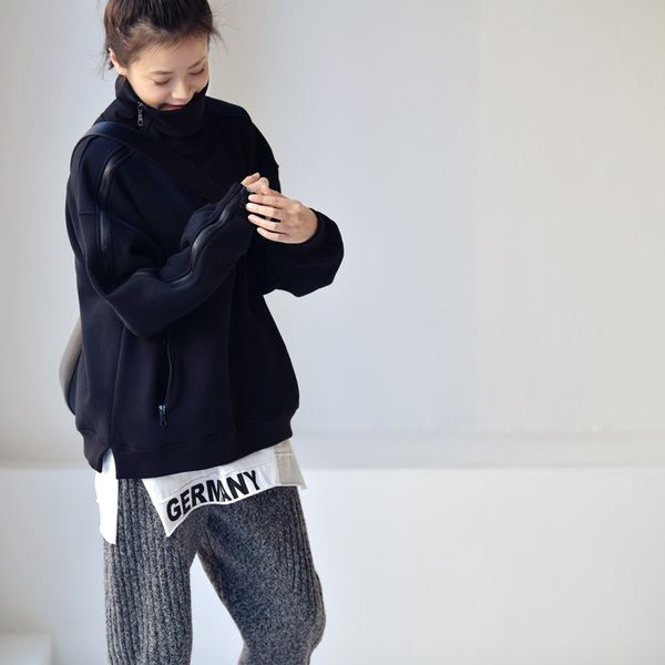 

women's hoodies & sweatshirts micoco r8051c south korean version of the ocean style zipper design loose leisure thick short high-collar, Black