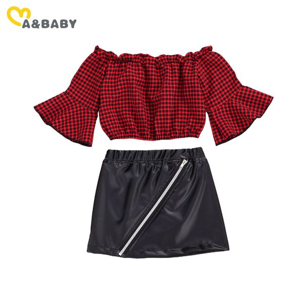 2-7Y Kleinkind Baby Kind Mädchen Kleidung Set Rot Plaid Off Schulter Langarm T-shirt PU Leder Röcke Herbst kostüme 210515