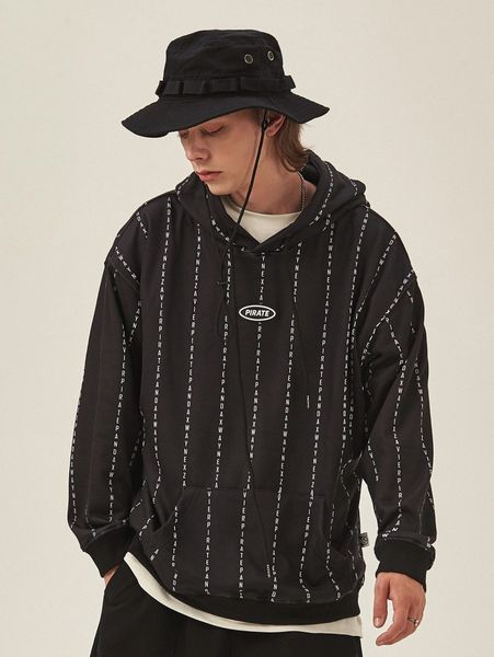

extended sizes men striped letter graphic drawstring hoodie c5pm#, Black