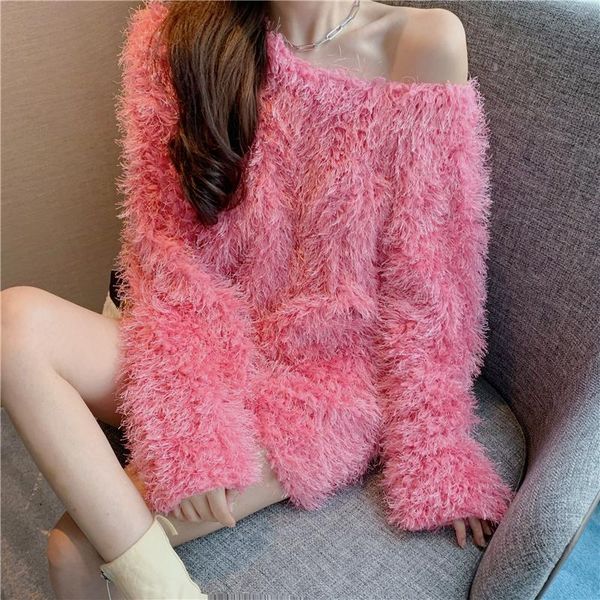 

women's sweaters women backless long sleeve fur sweater female loose lazy style bowknot back pullovers with open, White;black
