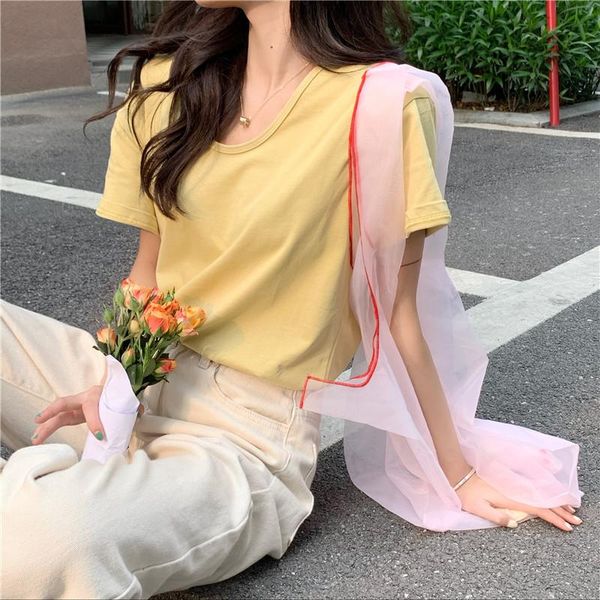 

women's t-shirt summer 2021 basic style u collar short sleeve female student all-matching solid color base shirt loose slimming top, White