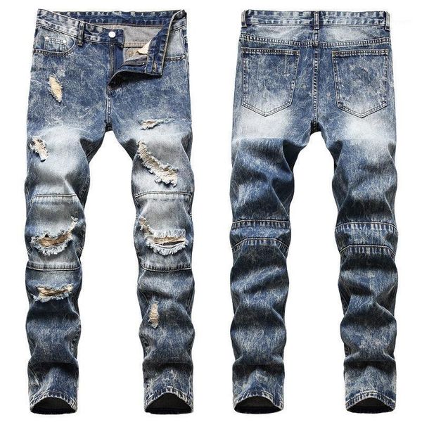 

vintage style european mens denim ripped jeans broken hole hip hop cowboy long pants male casual streetwear trousers jb927 men's, Blue