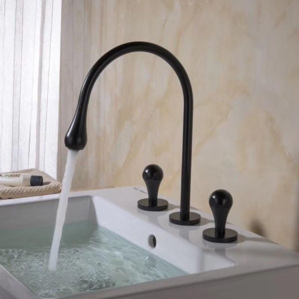 

bathroom widespread basin faucet brass sink mixer tap & cold dual handle 3 holes deck mounted black/chrome droplet shape faucets