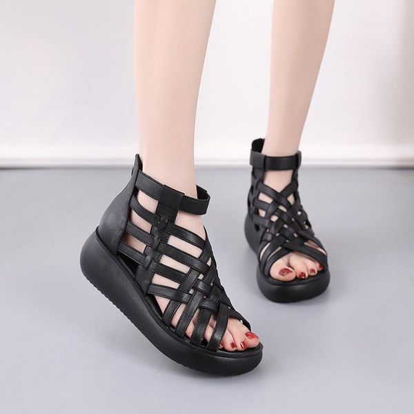 

summer fashion sandals genuine leather soft outsole comfortable open toe wedges mother shoes flat, Black