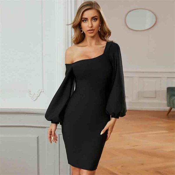 

winter one shoulder long sleeve club bandage dress black bodycon celebrity evening runway party mini dresses 210507, Black;gray