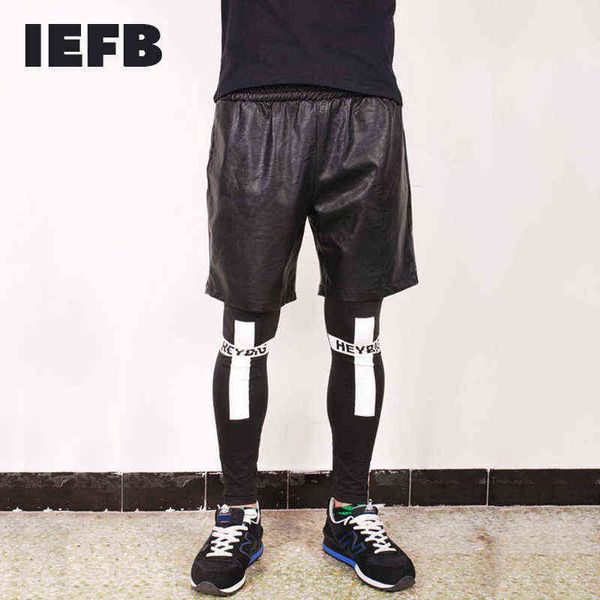 IEFB PU Leder Shorts männer Koreanische Mode Schwarz Elastische Taille Knielangen Hosen männer Lose Street Hip Hop casaul Böden G1209