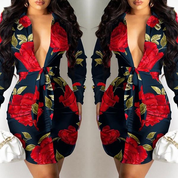 

casual dresses fashion elegant v neck long sleeve plunging knot tie floral print shirt dress women spring autumn workwear mini loungewear, Black;gray