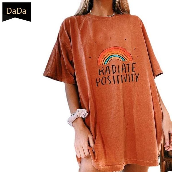 

women's t-shirt dada fashion loose rainbow letter pattern round neck regular sleeve graphic tees women, White