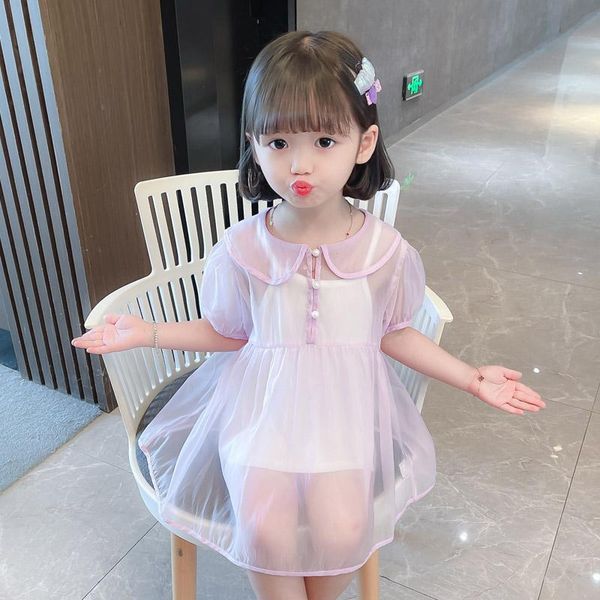 

girl's dresses girls summer purple transparent mesh skirt set in little girl baby doll collar bubble sleeve cover with sling, Red;yellow
