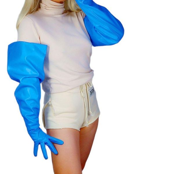 

five fingers gloves fashion long leather female 28'' 70cm loose faux sheepskin classic blue pu big sleeve women pu329, Blue;gray