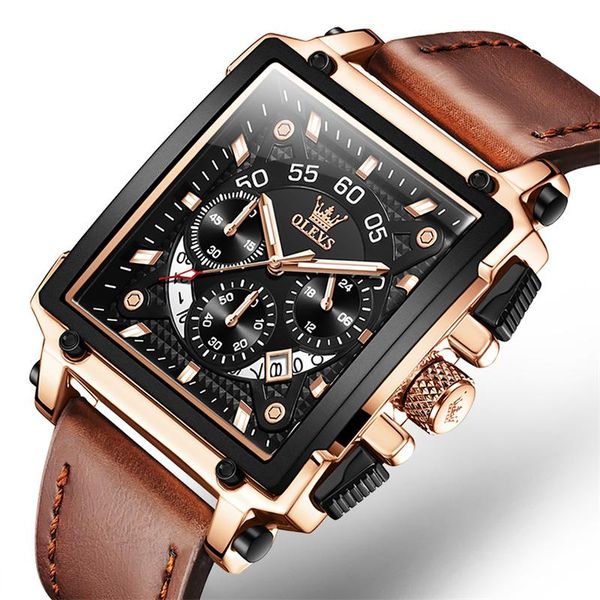 

wristwatches 2021 casual watch for men square leather wrist man waterproof clock fashion chronograph wristwatch, Slivery;brown