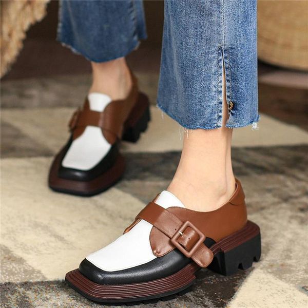 

boots buckle office shoes women genuine leather chunky heels ankle female low round toe platform pumps casual, Black