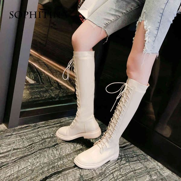 

sophitina brand stylish high boots round toe cow leather handmade boots lace-up low-heel ladies shoes women so568 210513, Black