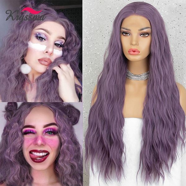 

lace front wig for women 24inch wavy wigs loose wave long synthetic fake hair heat resistant ash purple pink cosplay wig, Black