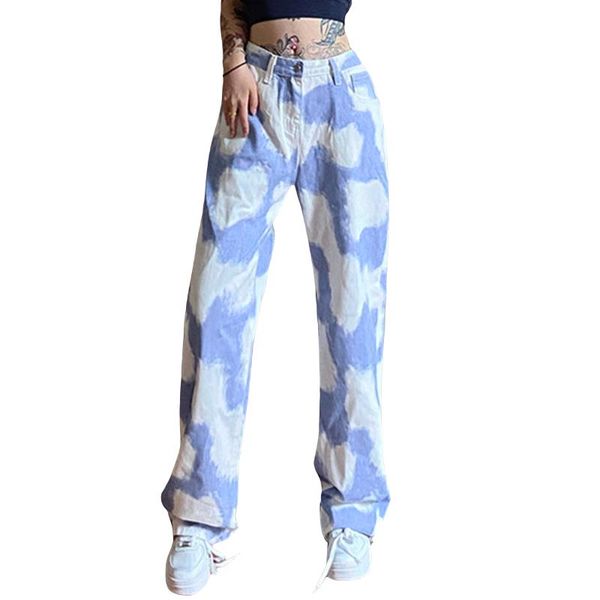 

women's pants & capris 2021 autumn women tie-dyed printed pattern jeans casual blue white high waist straight-leg trousers, Black;white