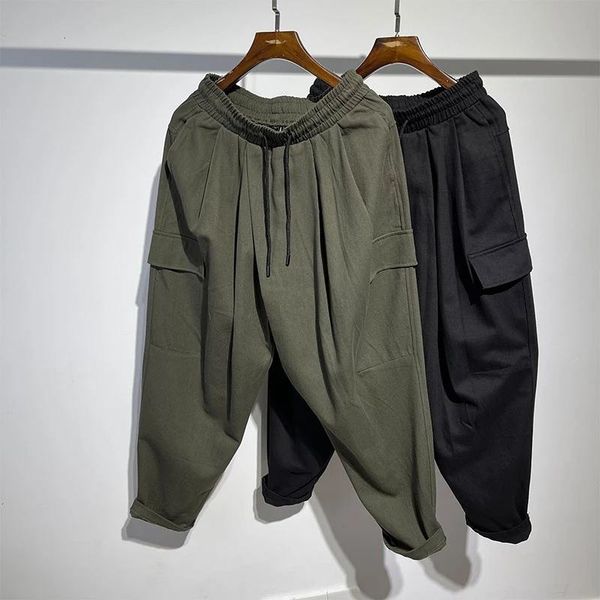 

men's pants korean street trend overalls fashionable dark color is simple, loose and slightly broken casual haran, Black