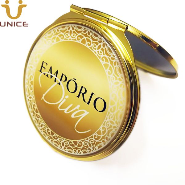 Moq 100 pcs Seu logotipo personalizado espelhos cosméticos cor de ouro compacto dourada senhora maquiagem espelho portátil empresa de negócios empresa