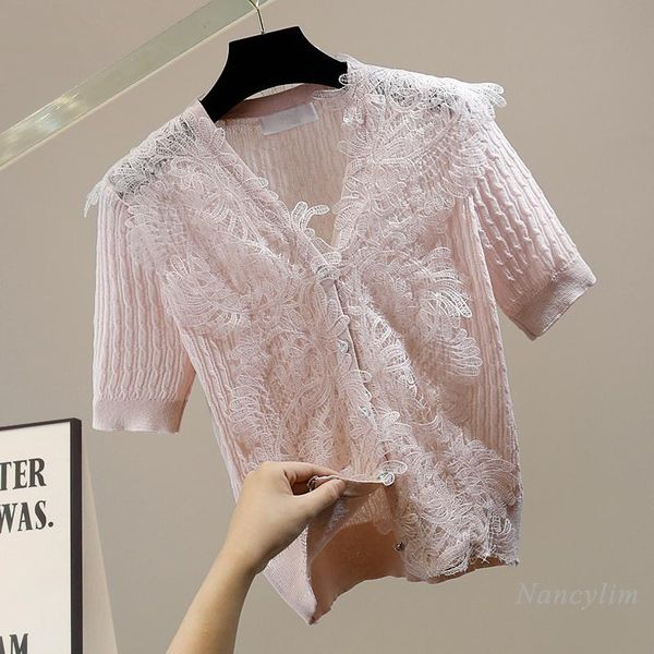 

women's t-shirt knitted t shirts women fashion lace stitching single-breasted short sleeve knitwear ladies chic summer 2021, White
