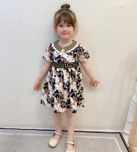

summer dress girl print lapel short sleeve stitched princess skirt color height 90-130cm, Red;yellow