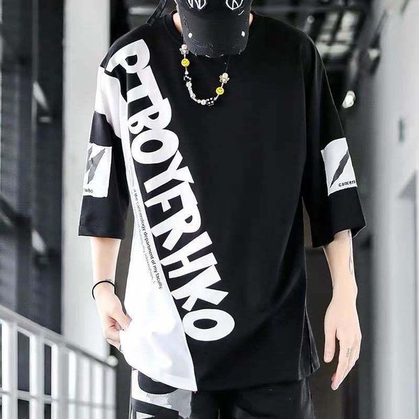 

men's t-shirts 2021 summer casual t-shirt round neck pullover hip-hop fashion loose half-sleeved top, White;black