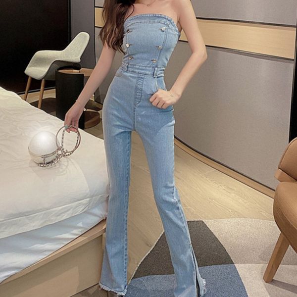 Primavera Mulheres Strapless Jeans Jumpsuits Botons Sexy Mulher Bolsos De Moda Split Denim Cintura Alta Jumpsuit 210518