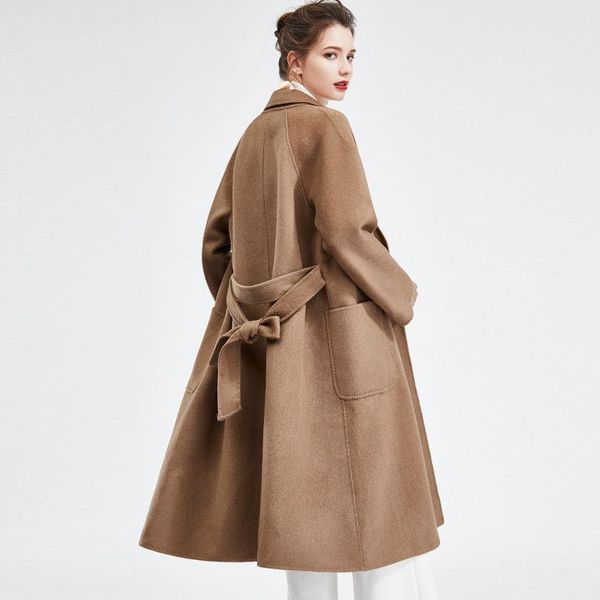 

women's wool & blends coat overcoat woolen hepburn style double-sided pure alpaca fleece/fiber labbro same loose mid-length, Black