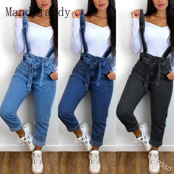 

mandylandy women's casual denim strap pants autumn fashion solid color high waist lace-up loose pencil jeans, Blue