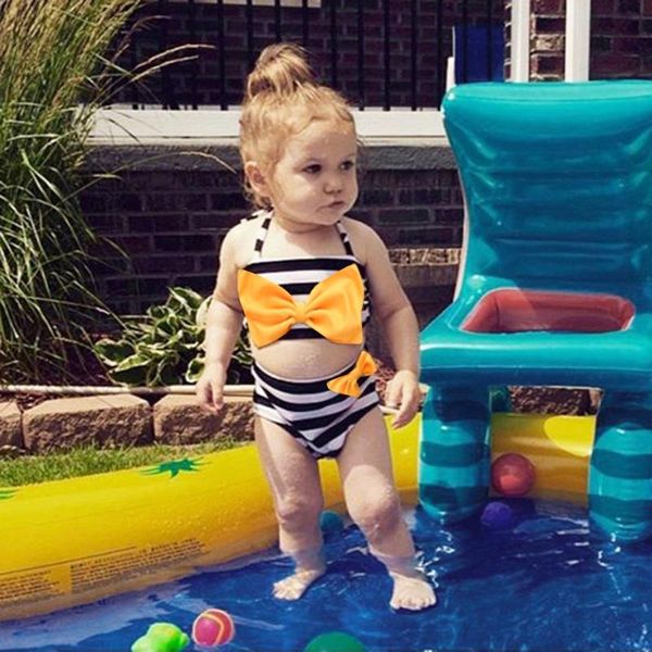 

babytoddler girls striped bowknot swimwear bikini set briefs outfits swimsuit beachwear bathing suit children swimming suit, Black