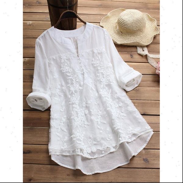 

embroidery white casual women shirt plus size elegant v neck long sleeve tunic summer autumn floral print