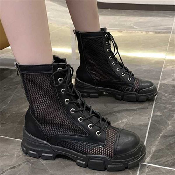 

boots 2021 spring summer fashion women's breathable mesh platform ankle british style short tube botas mujer, Black