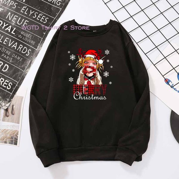 

men's hoodies & sweatshirts anime my hero academia graphic long sleeve funny himiko toga harajuku sudadera crewneck merry christmas, Black