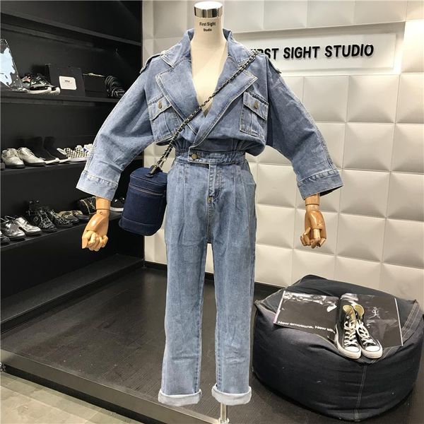 

women's jumpsuits & rompers women denim 2021 autumn vintage water washed lapel slim baggy jeans pants blue overalls student, Black;white