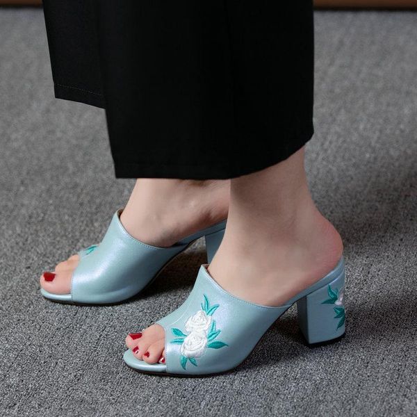 

slippers coolulu 2021 casual outdoor women open toe mules backless embroider all match summer ladies slides shoes size 33-43, Black