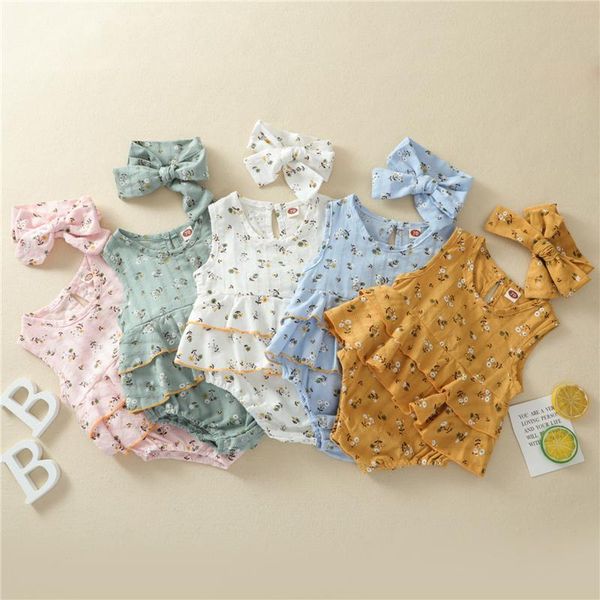 

rompers lovely baby girls bodysuits print clothes sleeveless ruffle hem o-neck bodysuit + bow-knot headband born clothing, Blue