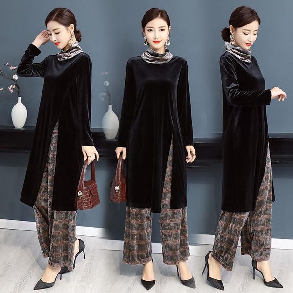 

spring fashion two-piece female high collar split long shirt + wide leg trousers velvet casual suit plus size 3xl women's two piece pan, White