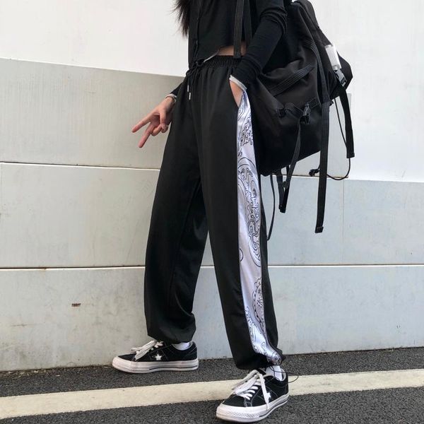 

spring korean retro stitching high-waist casual women loose wide-leg pants women's & capris, Black;white
