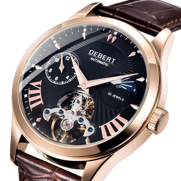 

wristwatches men's mechanical watch hollow multi-function luminous automatic leather strap fashion, Slivery;brown