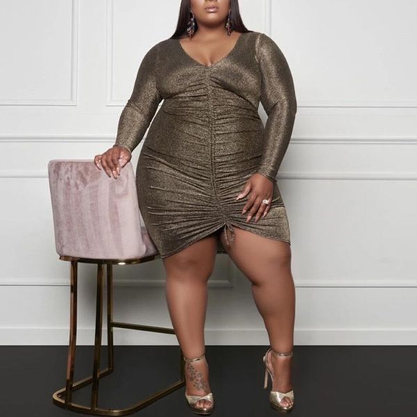 

casual dresses 4xl plus size dress for women fat large full sleeve deep v neck shinny bodycon drawstring evening club wear vestidos, Black;gray