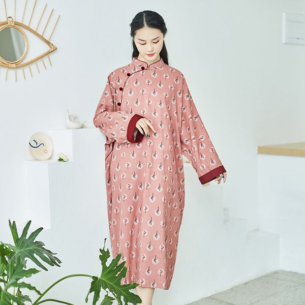 

johnature cotton linen long sleeve stand floral print fashion vintage women dress autumn female plate buckle dresses 210521, Black;gray