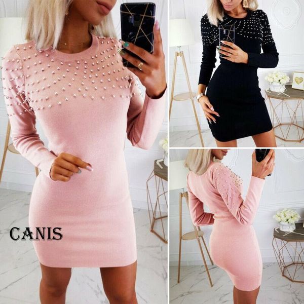 

casual dresses fashion boho women dress pearl knitted tassel sweater skinny long sleeve bodycon blouse tunic mini pencil, Black;gray