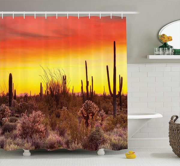 

saguaro shower curtain, sun rays over sonoran desert at sunset brittle bush shrub vibrant colors, cloth fabric bathroom decor