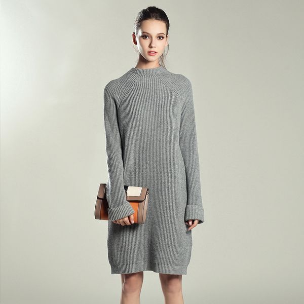 

2021autumn winter solid knitted cotton sweater dresses women fashion loose o-neck pullover female knitted dress vestidos feminino, Black;gray